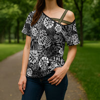 Black Aloha Hawaiian Cross Shoulder Shirt Monstera Hibiscus Tropical Pattern