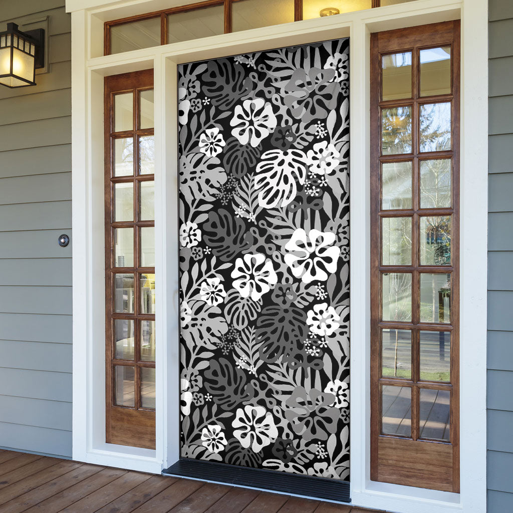 Black Aloha Hawaiian Door Cover Monstera Hibiscus Tropical Pattern