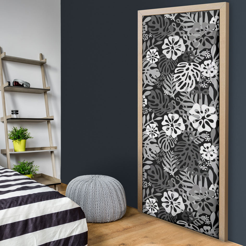 Black Aloha Hawaiian Door Cover Monstera Hibiscus Tropical Pattern