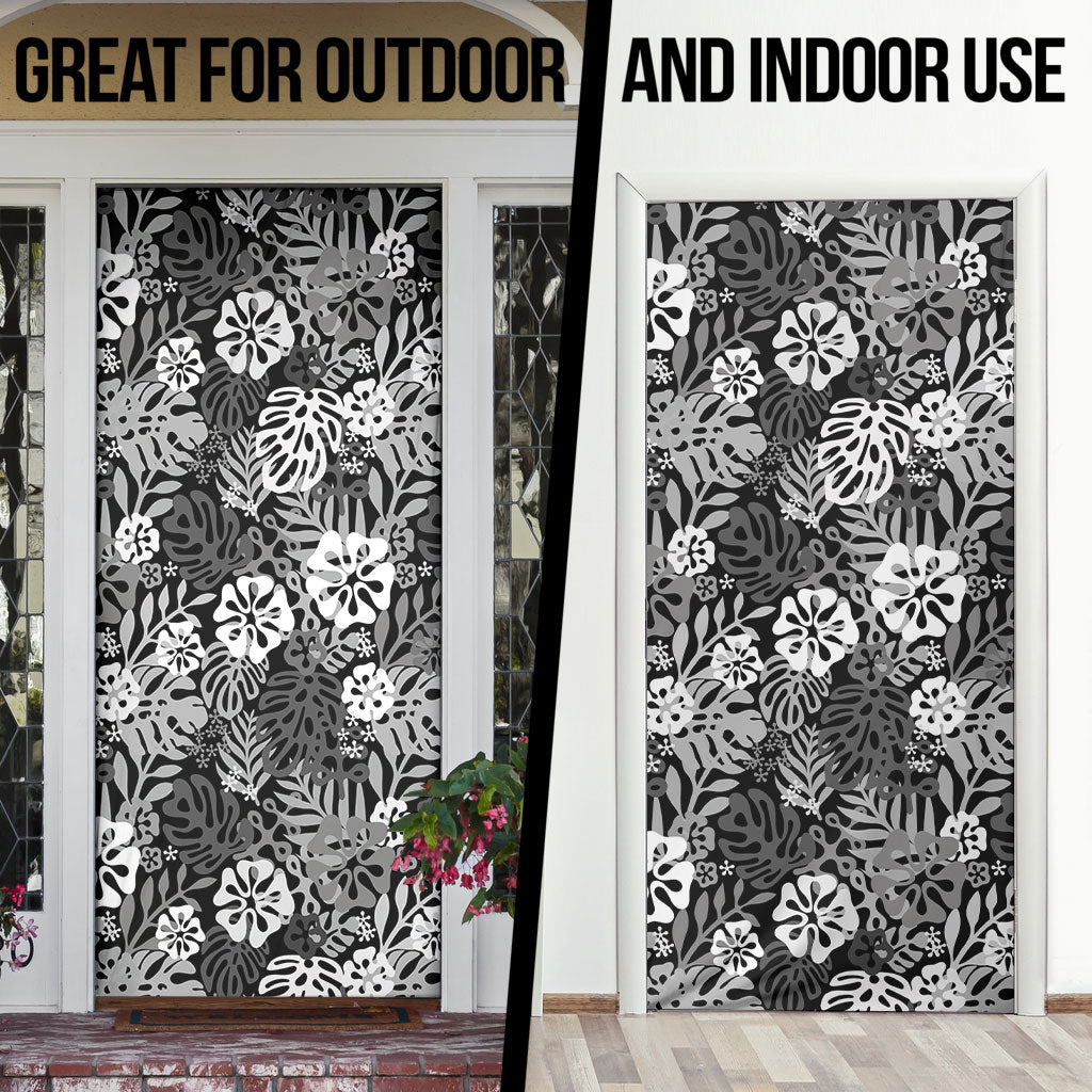 Black Aloha Hawaiian Door Cover Monstera Hibiscus Tropical Pattern