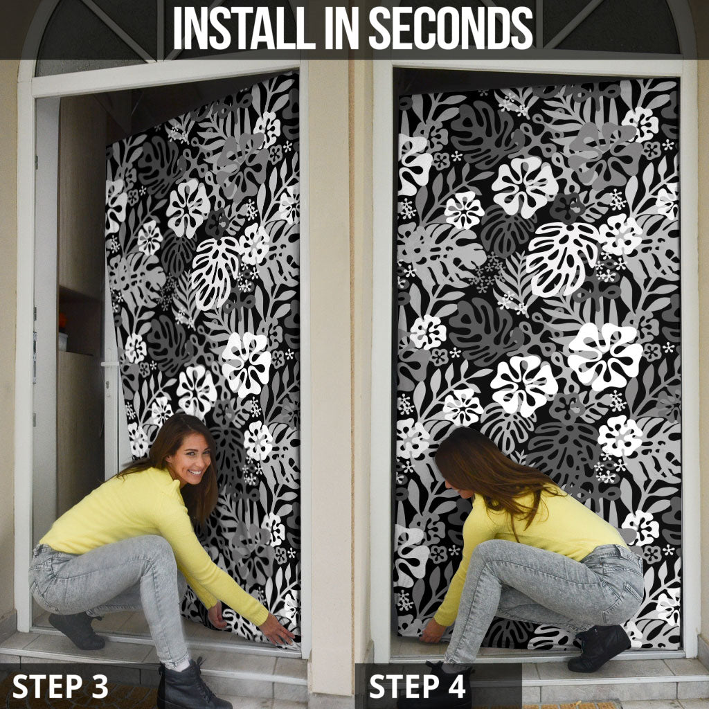 Black Aloha Hawaiian Door Cover Monstera Hibiscus Tropical Pattern