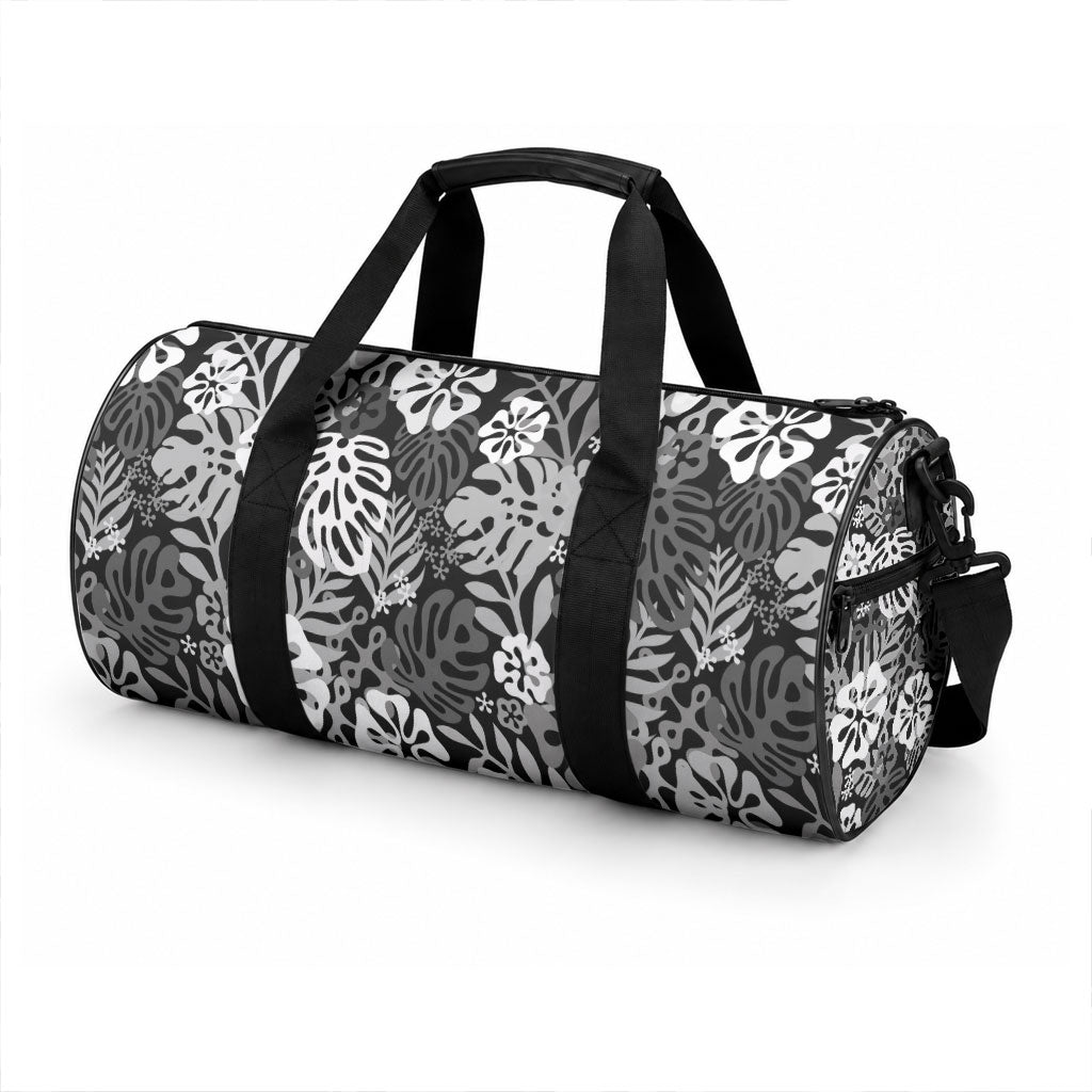 Black Aloha Hawaiian Duffle Bag Monstera Hibiscus Tropical Pattern