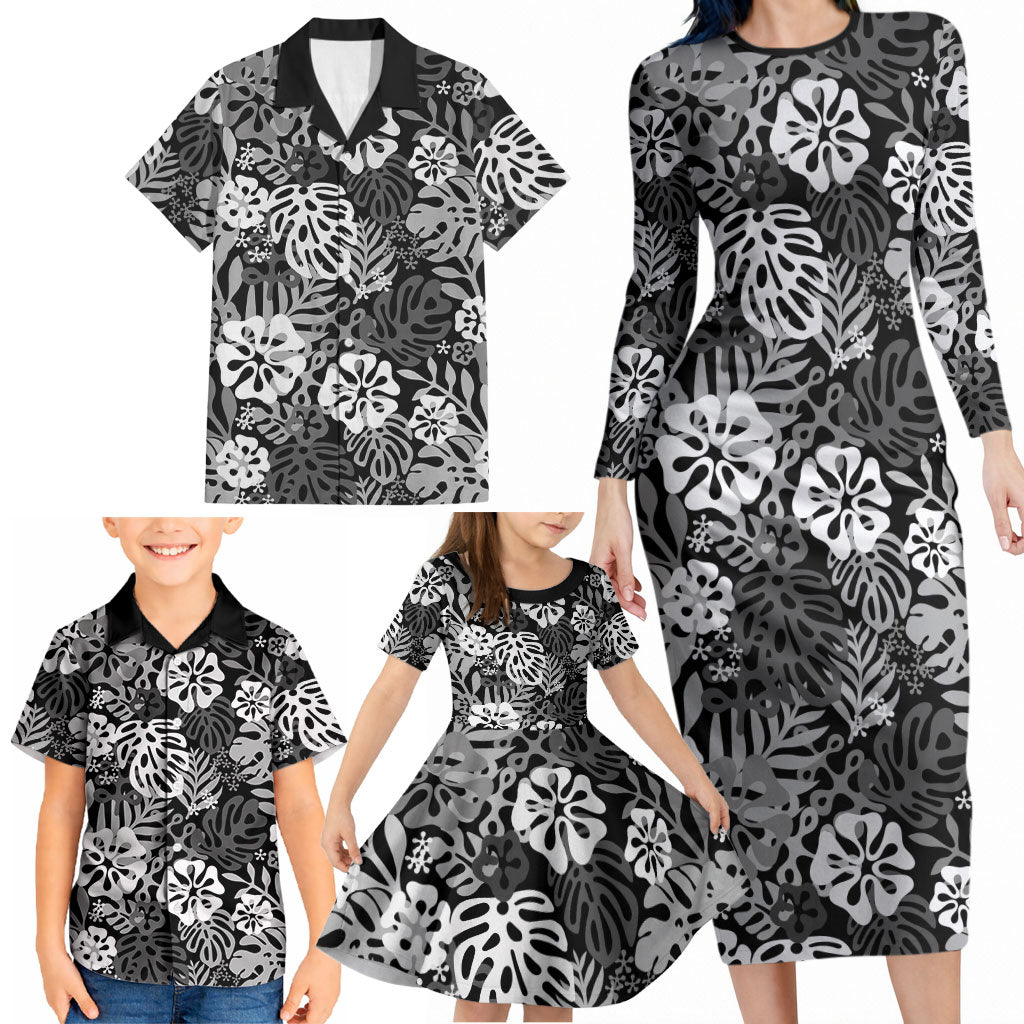 Black Aloha Hawaiian Family Matching Long Sleeve Bodycon Dress and Hawaiian Shirt Monstera Hibiscus Tropical Pattern