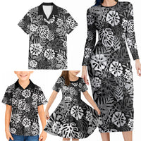 Black Aloha Hawaiian Family Matching Long Sleeve Bodycon Dress and Hawaiian Shirt Monstera Hibiscus Tropical Pattern