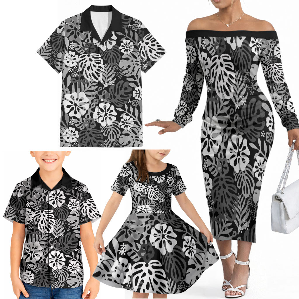 Black Aloha Hawaiian Family Matching Off The Shoulder Long Sleeve Dress and Hawaiian Shirt Monstera Hibiscus Tropical Pattern