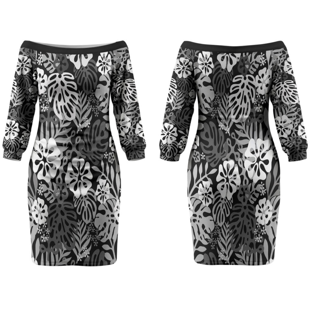 Black Aloha Hawaiian Family Matching Off The Shoulder Long Sleeve Dress and Hawaiian Shirt Monstera Hibiscus Tropical Pattern