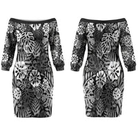 Black Aloha Hawaiian Family Matching Off The Shoulder Long Sleeve Dress and Hawaiian Shirt Monstera Hibiscus Tropical Pattern