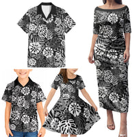 Black Aloha Hawaiian Family Matching Puletasi and Hawaiian Shirt Monstera Hibiscus Tropical Pattern