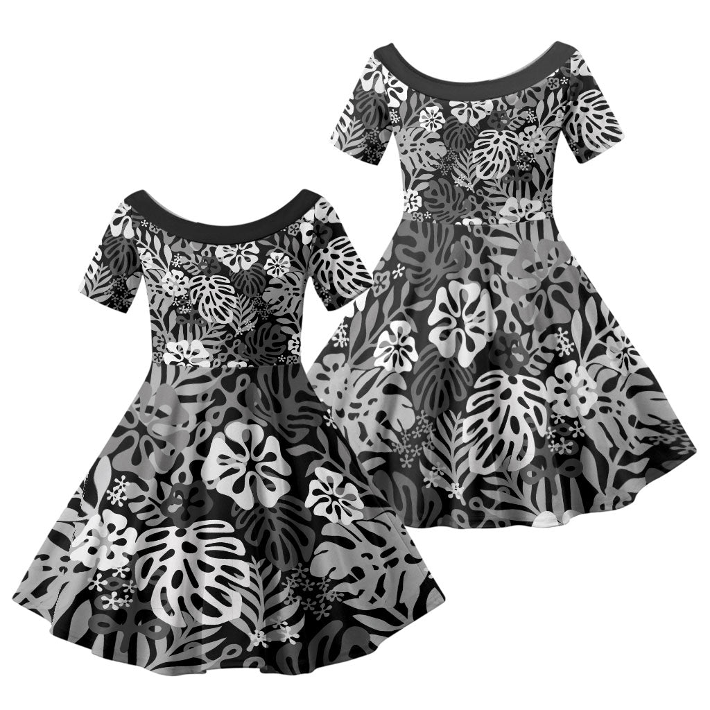 Black Aloha Hawaiian Family Matching Puletasi and Hawaiian Shirt Monstera Hibiscus Tropical Pattern