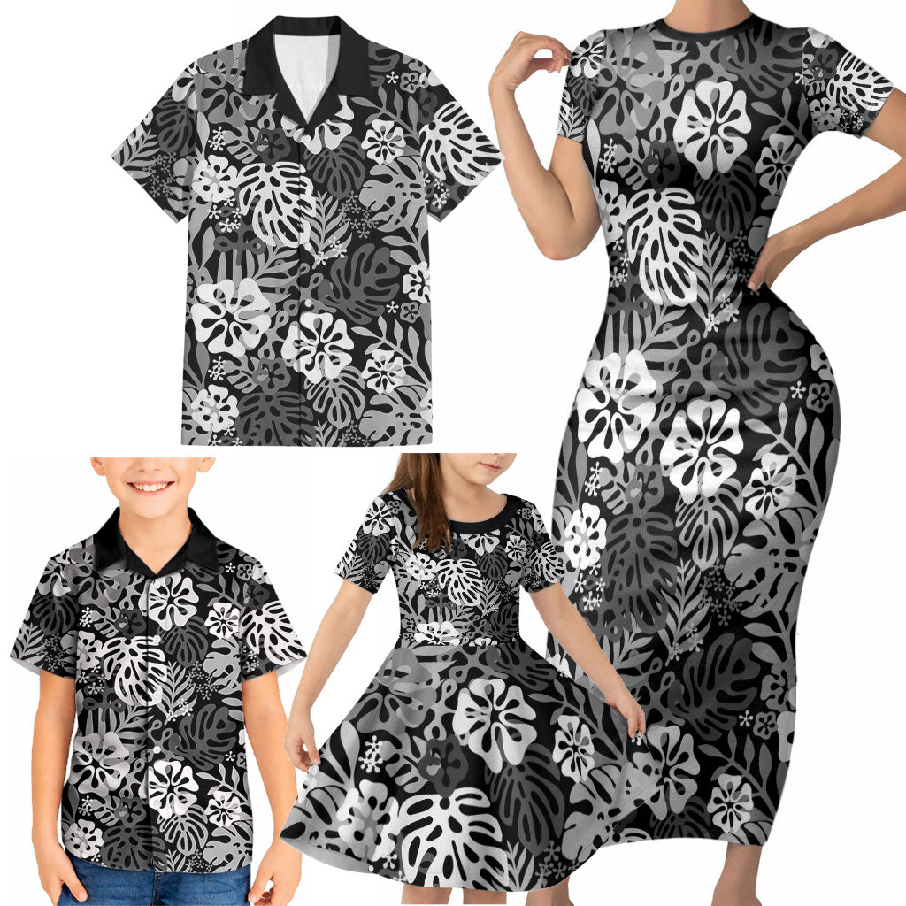 Black Aloha Hawaiian Family Matching Short Sleeve Bodycon Dress and Hawaiian Shirt Monstera Hibiscus Tropical Pattern