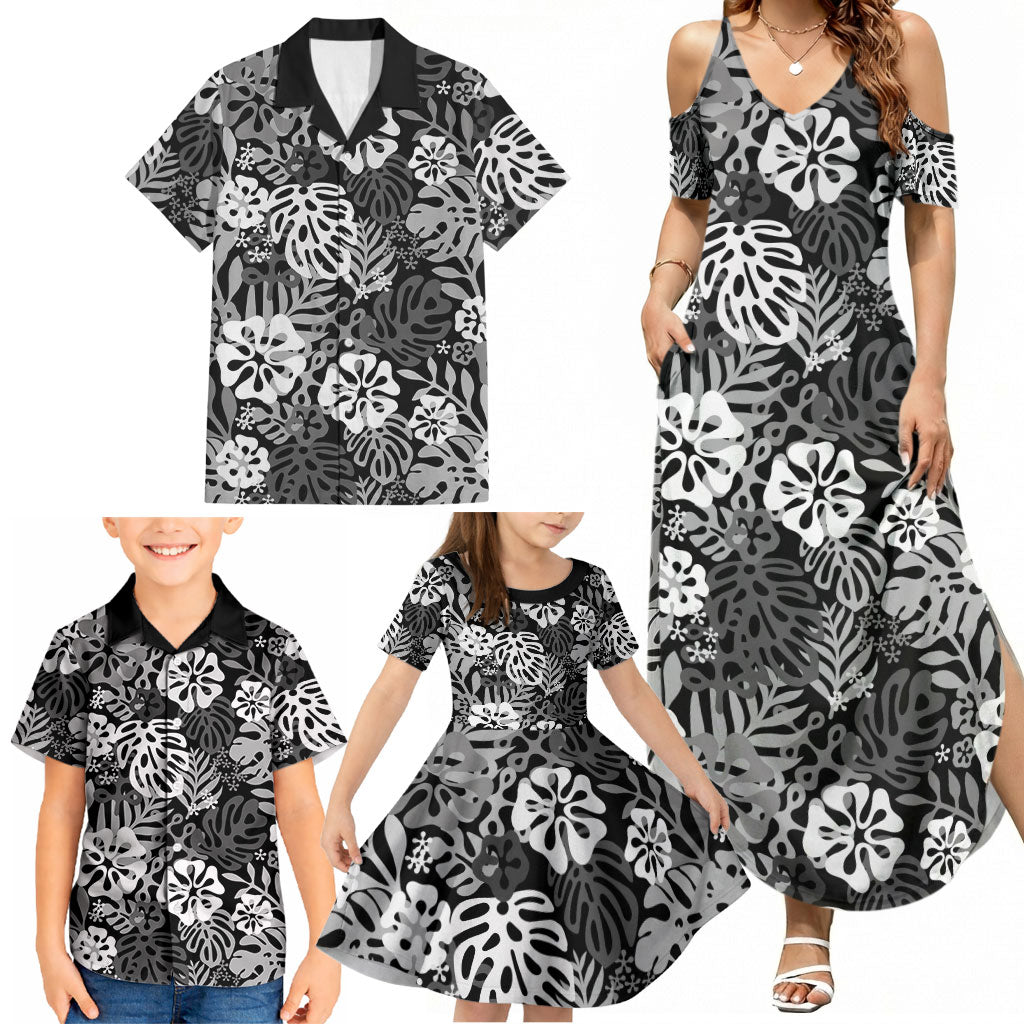 Black Aloha Hawaiian Family Matching Summer Maxi Dress and Hawaiian Shirt Monstera Hibiscus Tropical Pattern