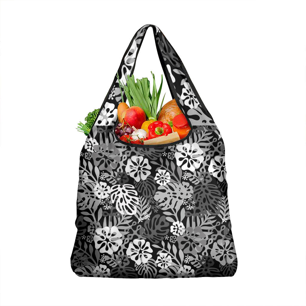 Black Aloha Hawaiian Grocery Bag Monstera Hibiscus Tropical Pattern