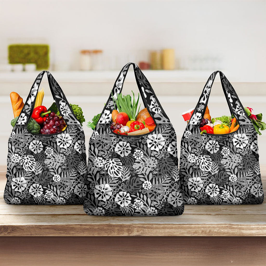 Black Aloha Hawaiian Grocery Bag Monstera Hibiscus Tropical Pattern