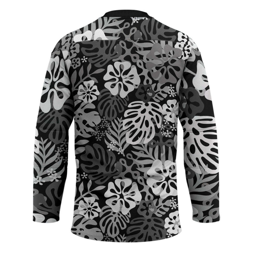 Black Aloha Hawaiian Hockey Jersey Monstera Hibiscus Tropical Pattern