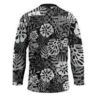 Black Aloha Hawaiian Hockey Jersey Monstera Hibiscus Tropical Pattern