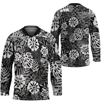 Black Aloha Hawaiian Hockey Jersey Monstera Hibiscus Tropical Pattern