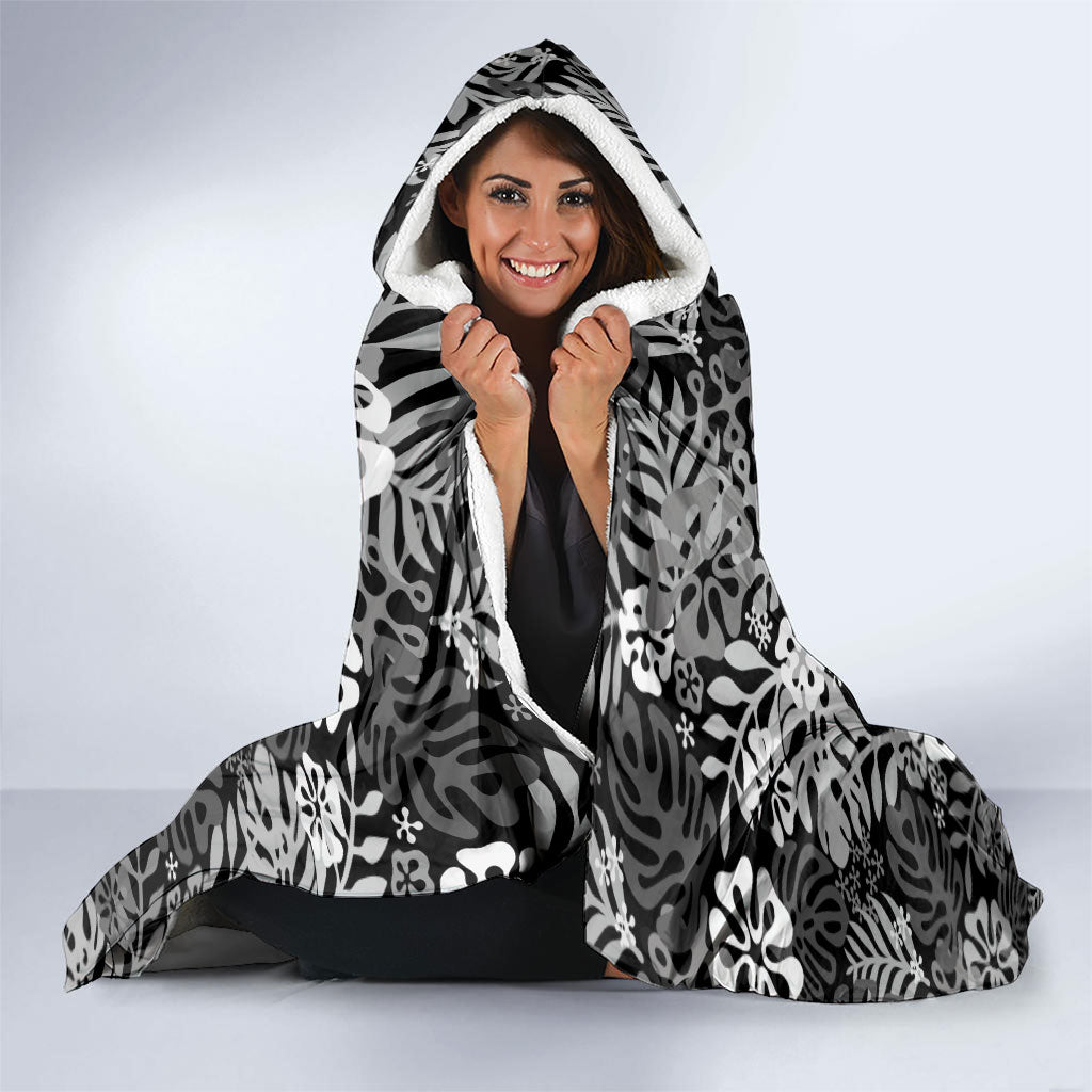 Black Aloha Hawaiian Hooded Blanket Monstera Hibiscus Tropical Pattern