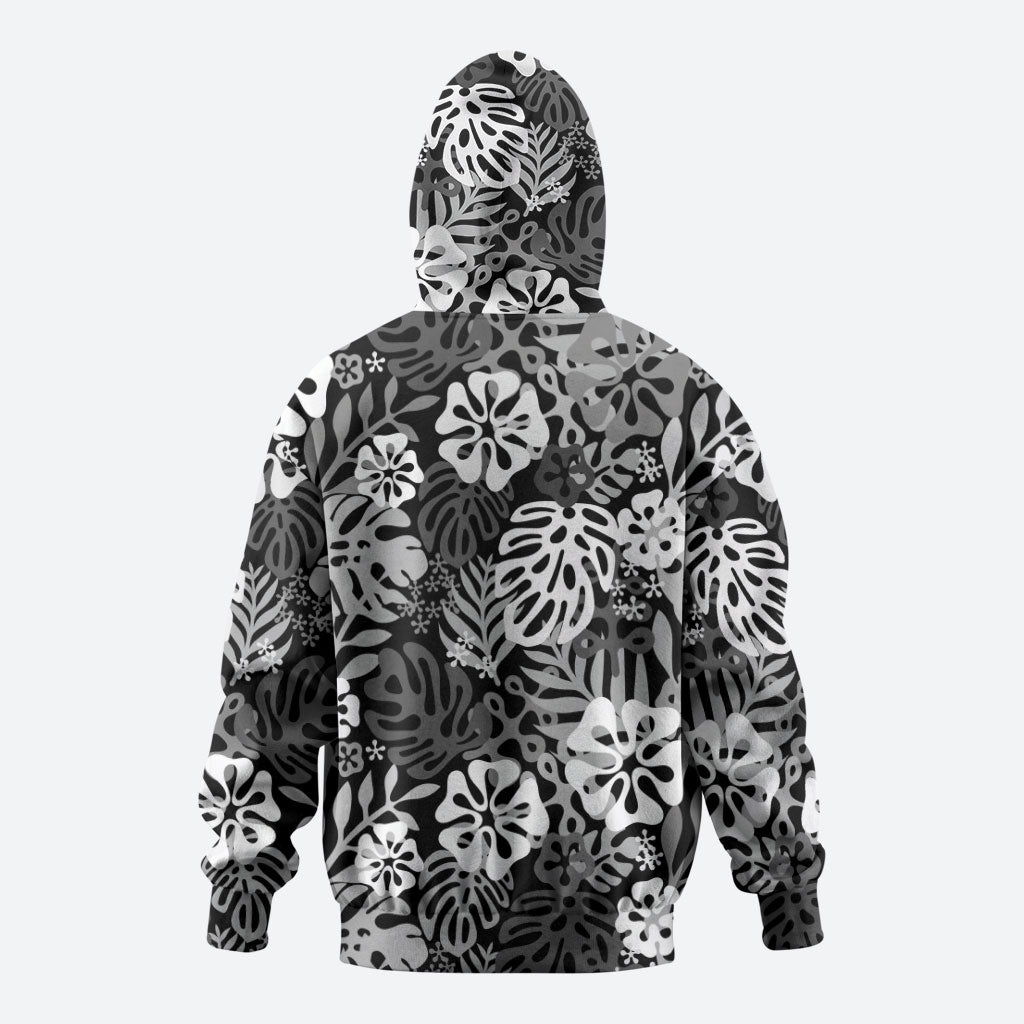 Black Aloha Hawaiian Hoodie Monstera Hibiscus Tropical Pattern