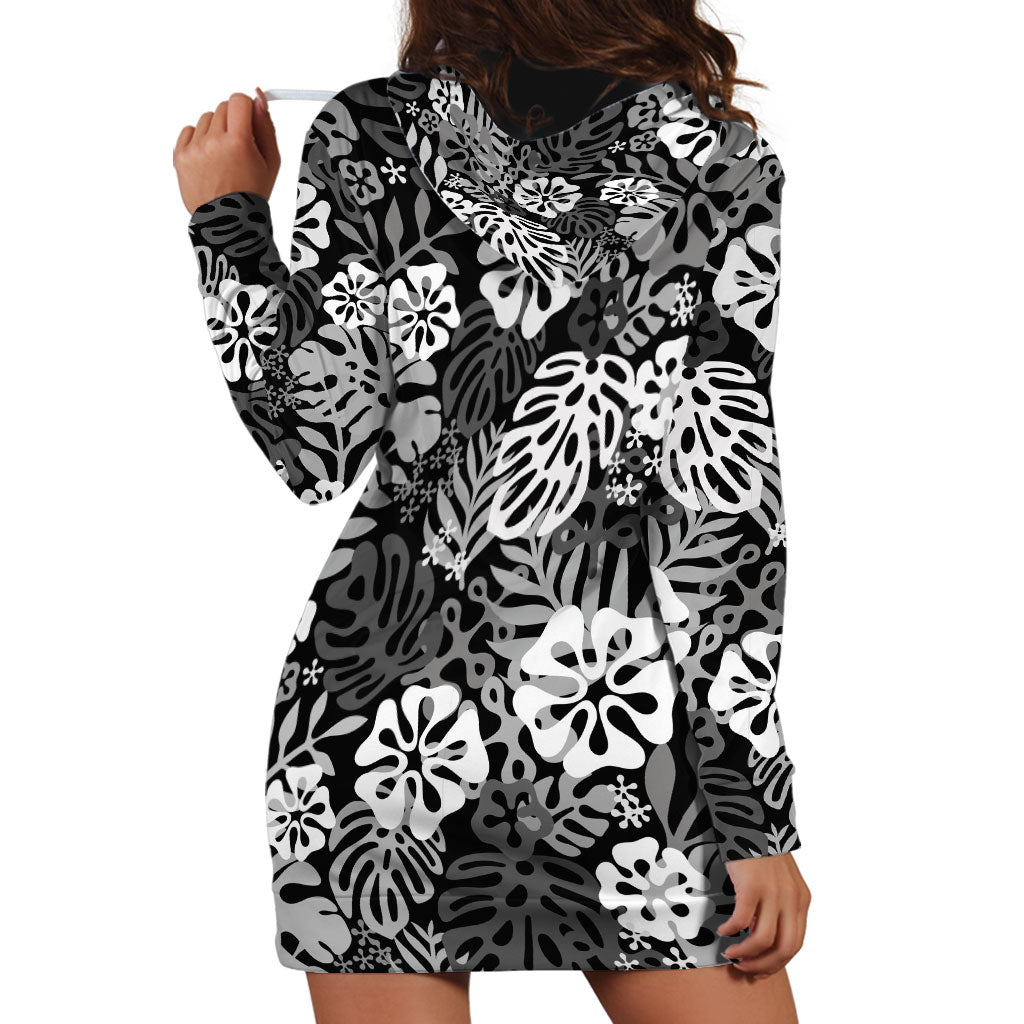 Black Aloha Hawaiian Hoodie Dress Monstera Hibiscus Tropical Pattern