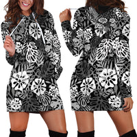 Black Aloha Hawaiian Hoodie Dress Monstera Hibiscus Tropical Pattern