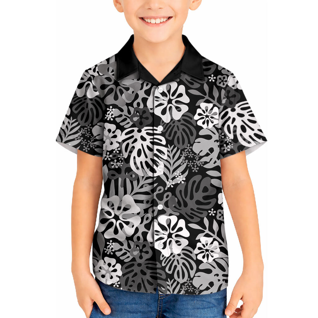 Black Aloha Hawaiian Kid Hawaiian Shirt Monstera Hibiscus Tropical Pattern