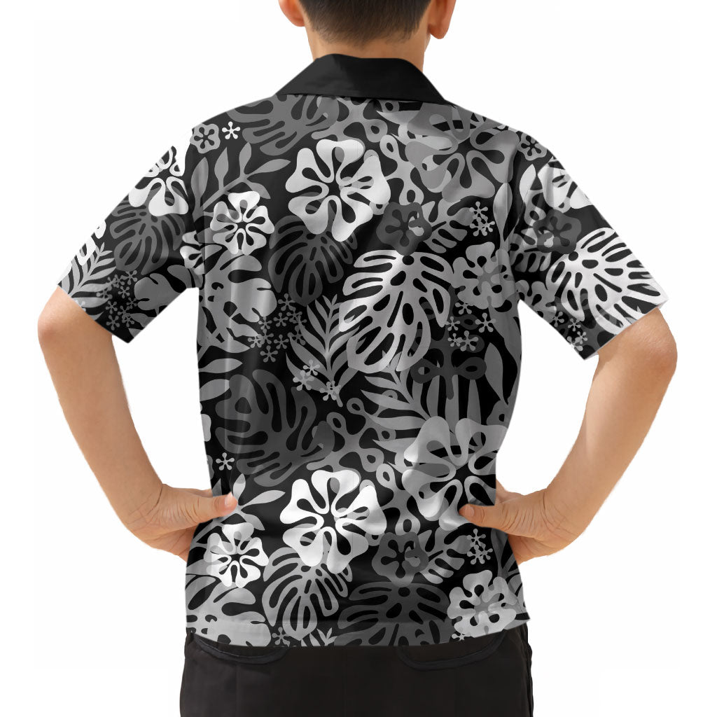 Black Aloha Hawaiian Kid Hawaiian Shirt Monstera Hibiscus Tropical Pattern