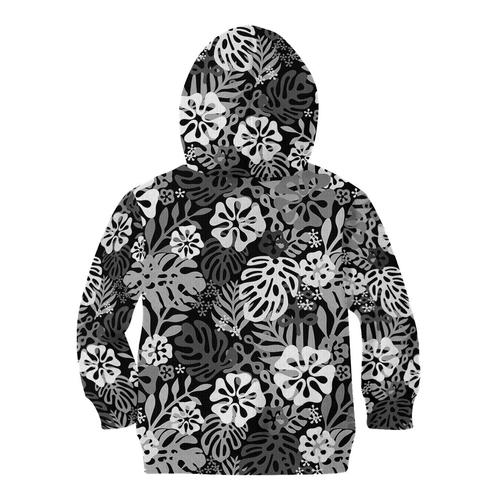 Black Aloha Hawaiian Kid Hoodie Monstera Hibiscus Tropical Pattern