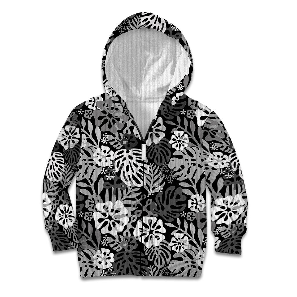Black Aloha Hawaiian Kid Hoodie Monstera Hibiscus Tropical Pattern