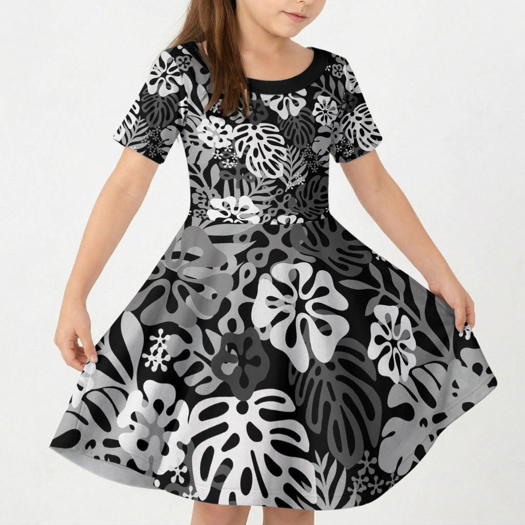 Black Aloha Hawaiian Kid Short Sleeve Dress Monstera Hibiscus Tropical Pattern
