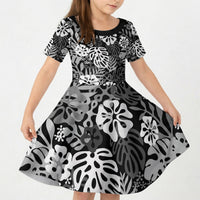 Black Aloha Hawaiian Kid Short Sleeve Dress Monstera Hibiscus Tropical Pattern