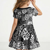 Black Aloha Hawaiian Kid Short Sleeve Dress Monstera Hibiscus Tropical Pattern