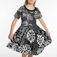 Black Aloha Hawaiian Kid Short Sleeve Dress Monstera Hibiscus Tropical Pattern