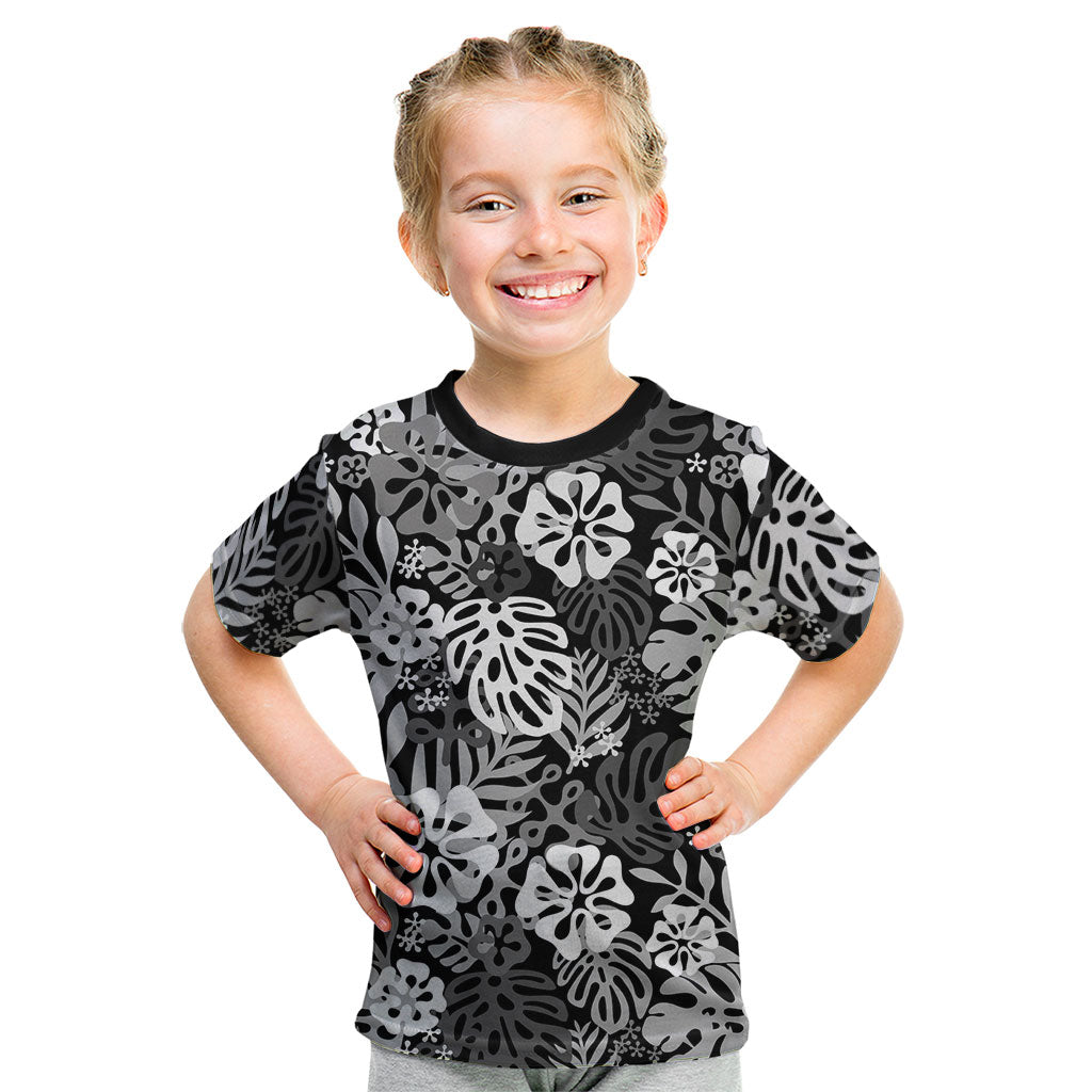 Black Aloha Hawaiian Kid T Shirt Monstera Hibiscus Tropical Pattern