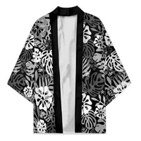 Black Aloha Hawaiian Kimono Monstera Hibiscus Tropical Pattern