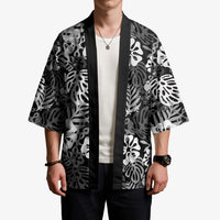 Black Aloha Hawaiian Kimono Monstera Hibiscus Tropical Pattern