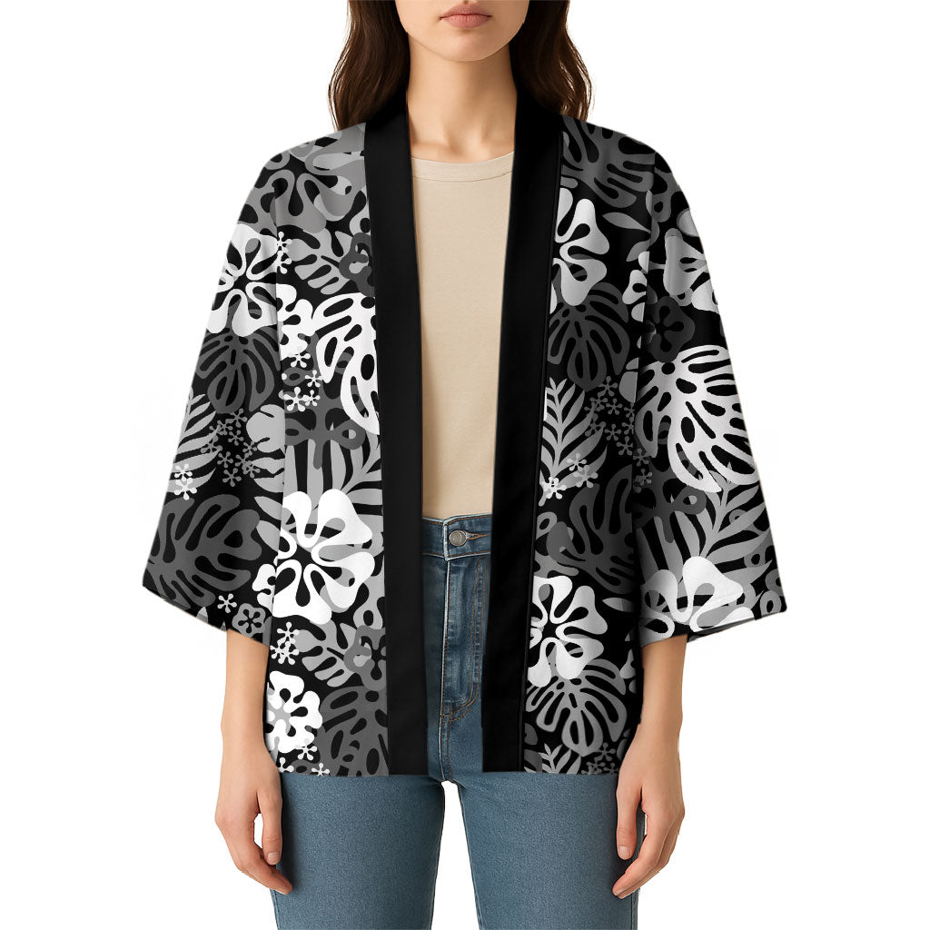 Black Aloha Hawaiian Kimono Monstera Hibiscus Tropical Pattern