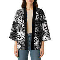 Black Aloha Hawaiian Kimono Monstera Hibiscus Tropical Pattern