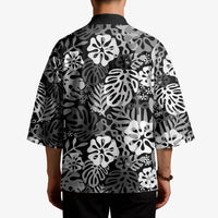 Black Aloha Hawaiian Kimono Monstera Hibiscus Tropical Pattern
