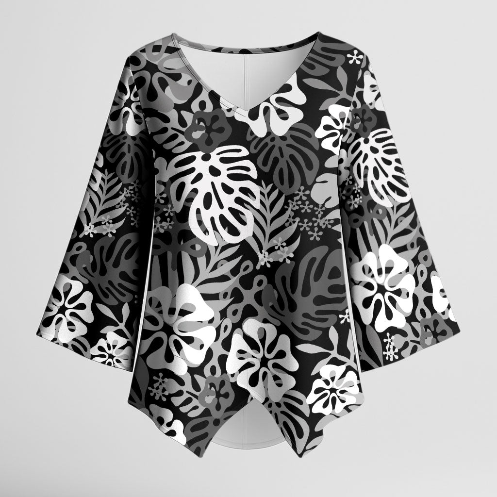 Black Aloha Hawaiian Kimono Sleeve Blouse Monstera Hibiscus Tropical Pattern