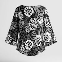 Black Aloha Hawaiian Kimono Sleeve Blouse Monstera Hibiscus Tropical Pattern