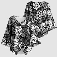 Black Aloha Hawaiian Kimono Sleeve Blouse Monstera Hibiscus Tropical Pattern