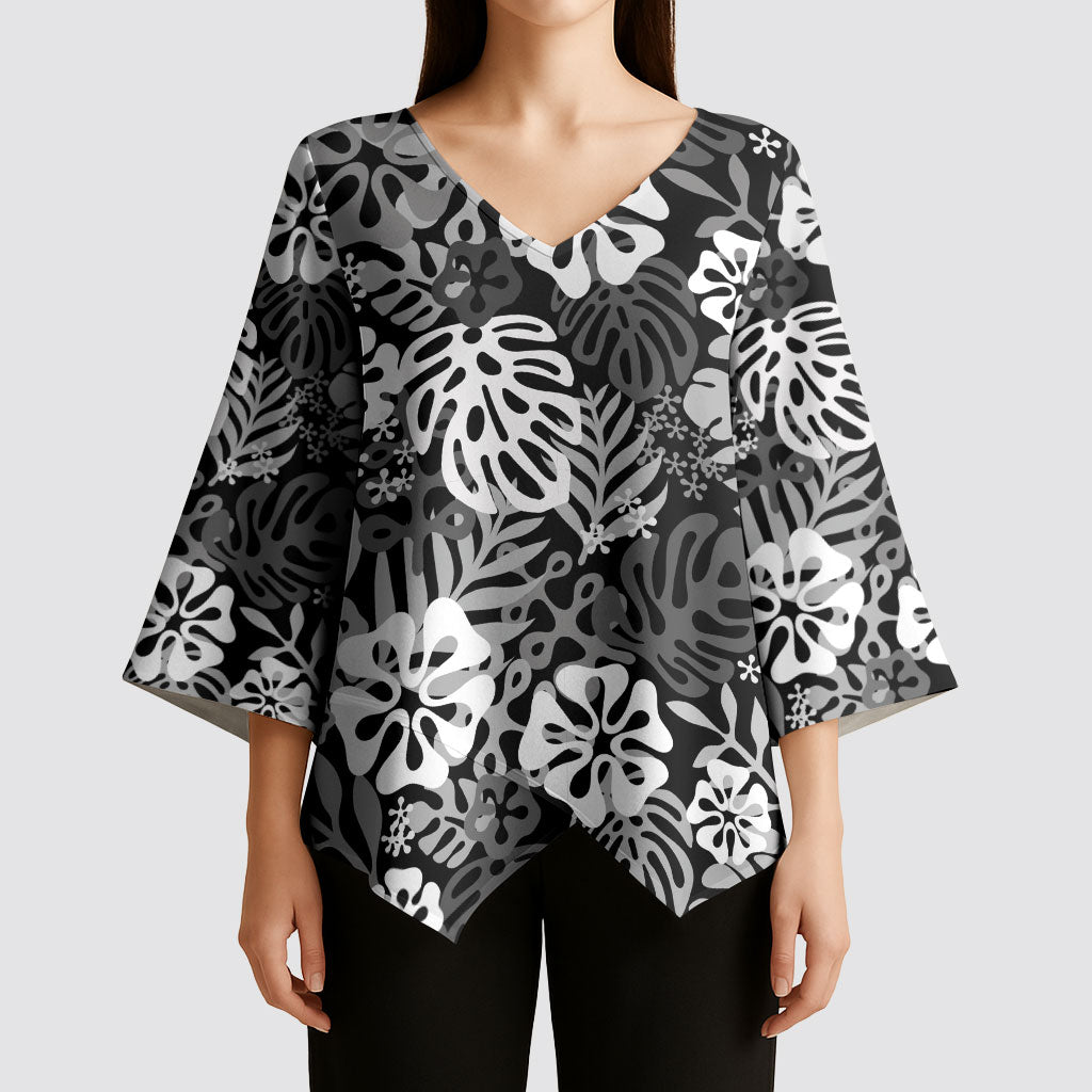 Black Aloha Hawaiian Kimono Sleeve Blouse Monstera Hibiscus Tropical Pattern