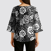 Black Aloha Hawaiian Kimono Sleeve Blouse Monstera Hibiscus Tropical Pattern