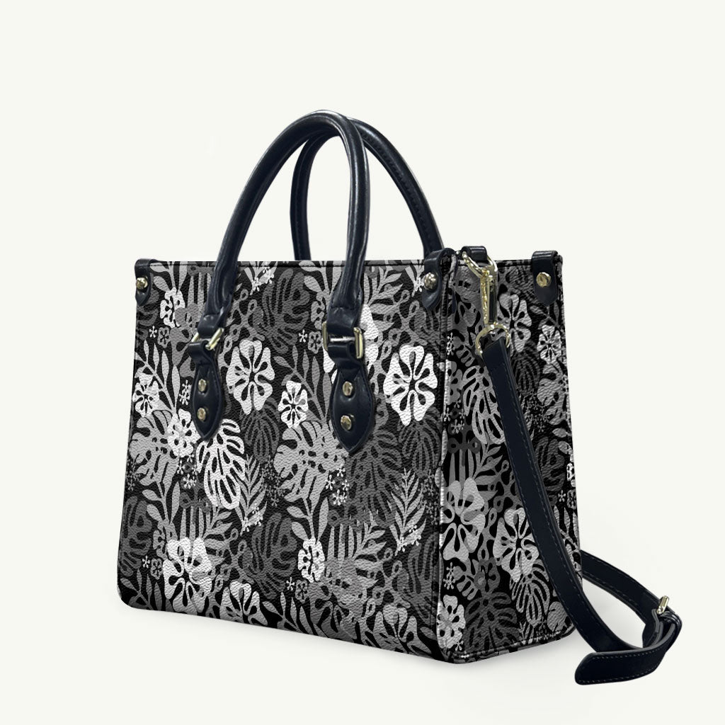 Black Aloha Hawaiian Leather Bag Monstera Hibiscus Tropical Pattern