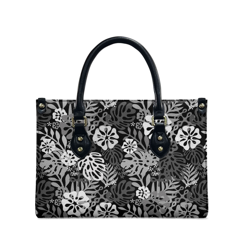 Black Aloha Hawaiian Leather Bag Monstera Hibiscus Tropical Pattern