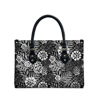 Black Aloha Hawaiian Leather Bag Monstera Hibiscus Tropical Pattern