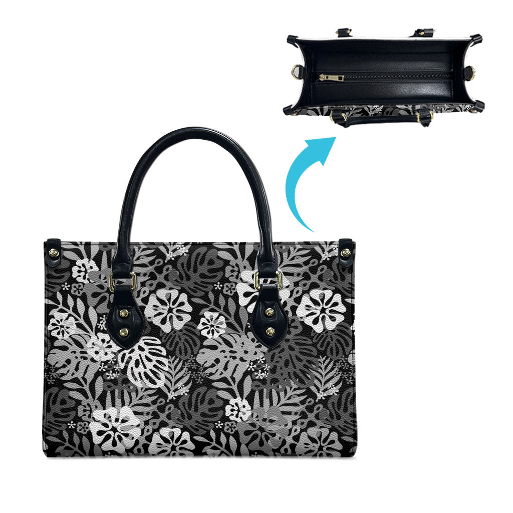 Black Aloha Hawaiian Leather Bag Monstera Hibiscus Tropical Pattern