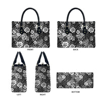 Black Aloha Hawaiian Leather Bag Monstera Hibiscus Tropical Pattern