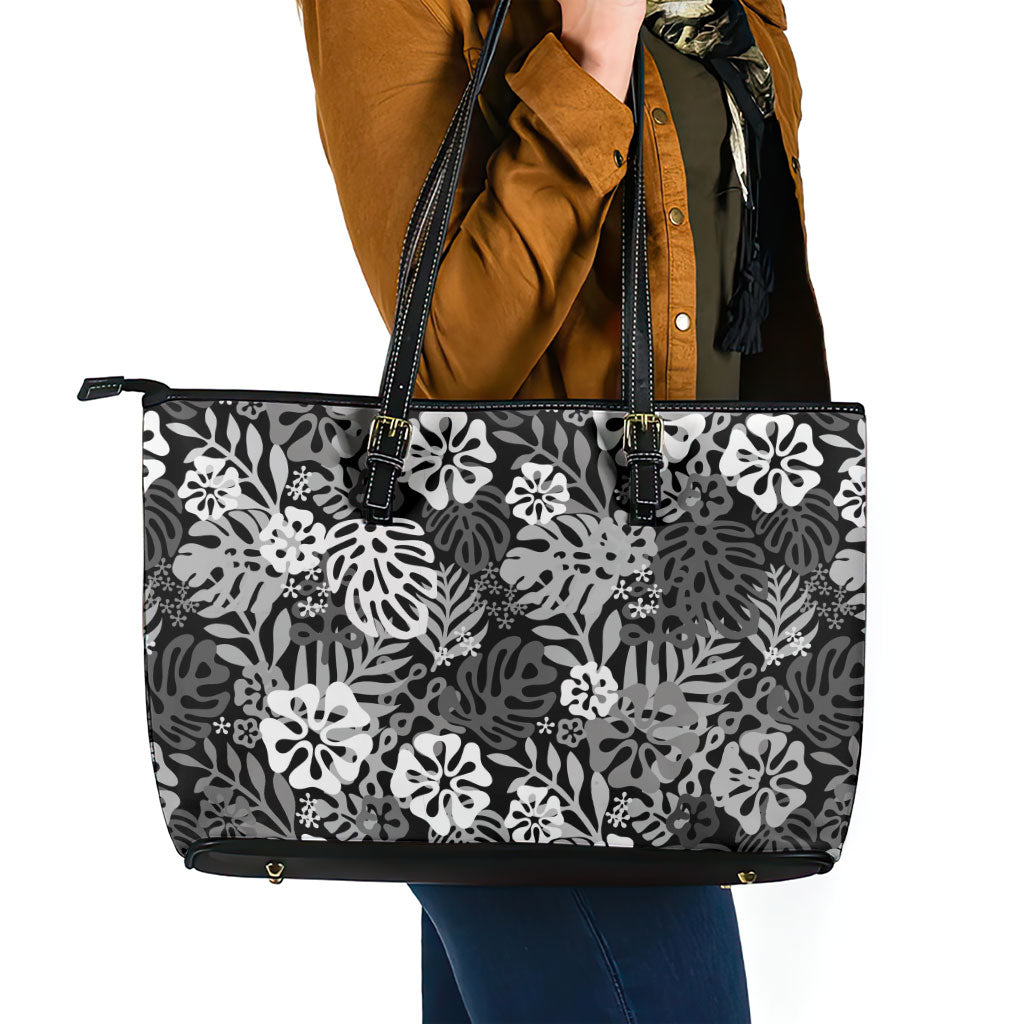 Black Aloha Hawaiian Leather Tote Bag Monstera Hibiscus Tropical Pattern