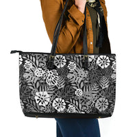 Black Aloha Hawaiian Leather Tote Bag Monstera Hibiscus Tropical Pattern
